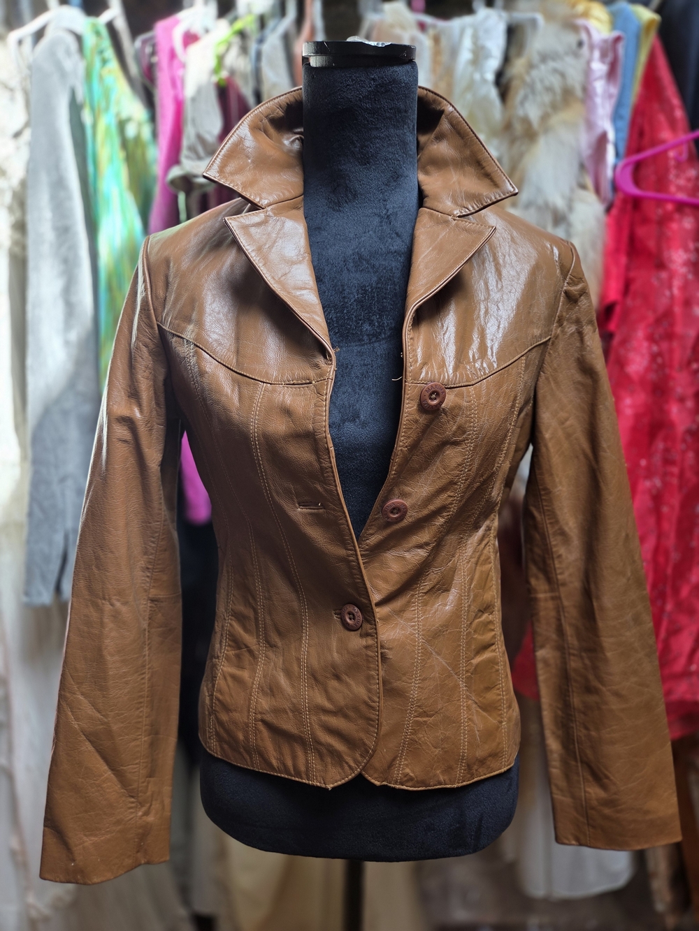 Wilsons Leather Tan Brown Fitted Button-Front Leather Jacket